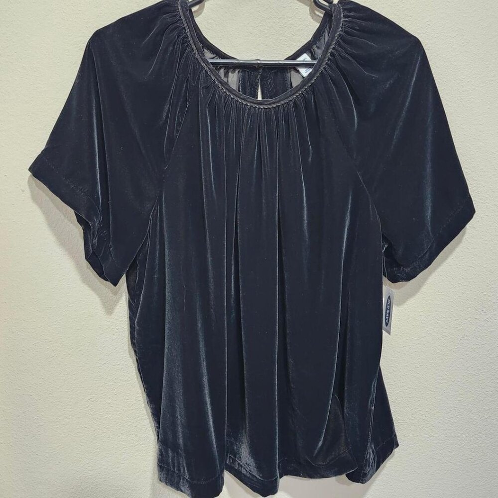 NWT Old Navy Women's Black Short Sleeved Blouse Shirred Velvet Size XL